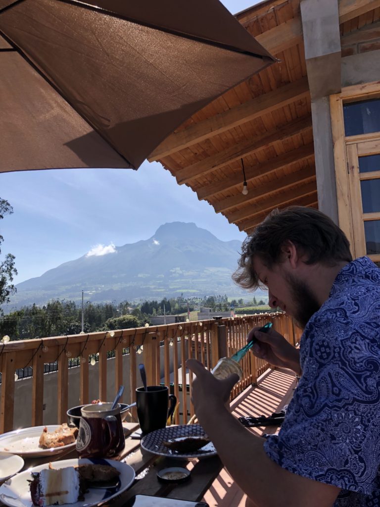 Eating upstairs with a beautiful view of the Imbabura volcano.